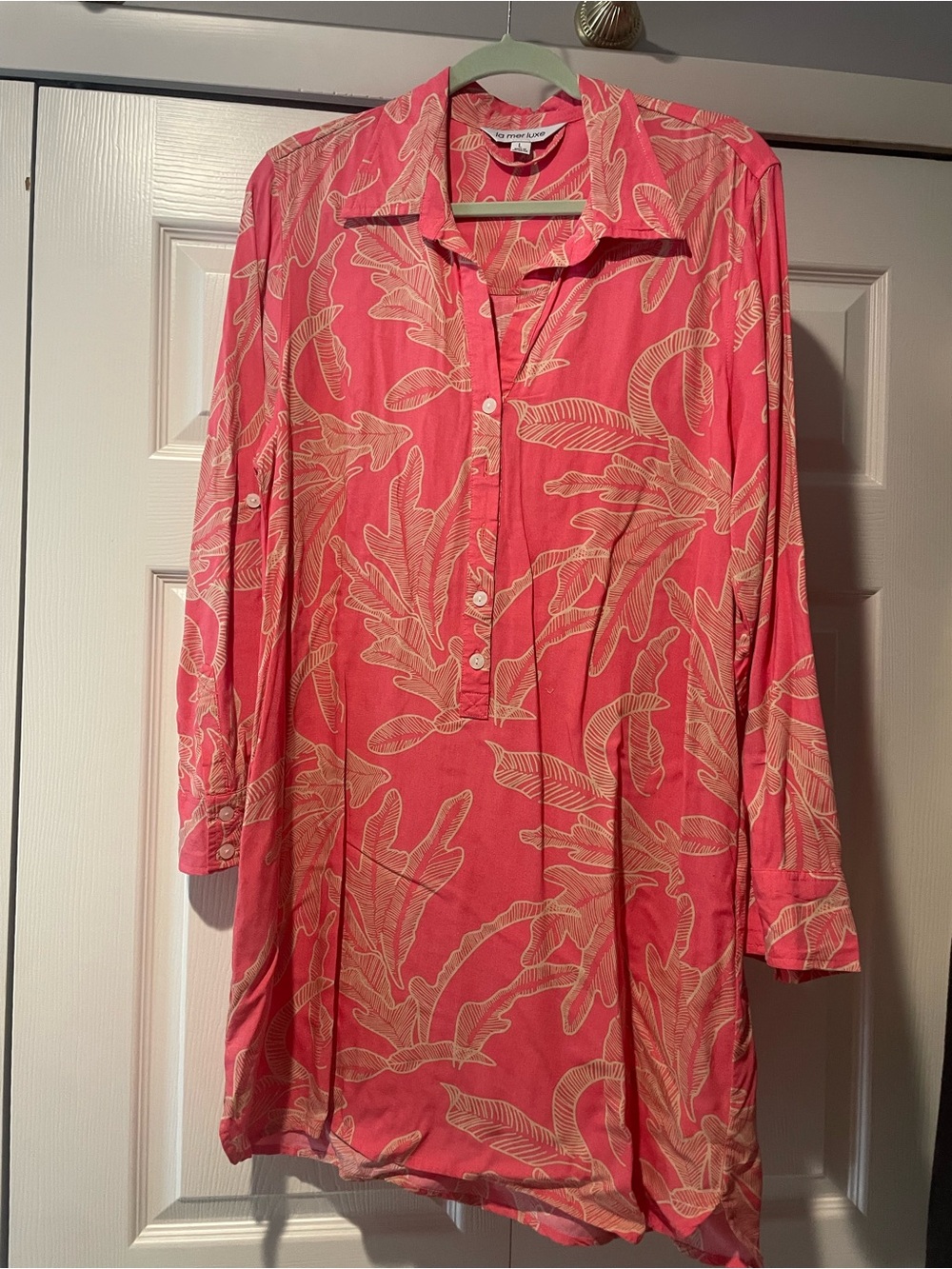 La Mer Luxe Pink Leaf-Print Long Sleeve Tunic Dress